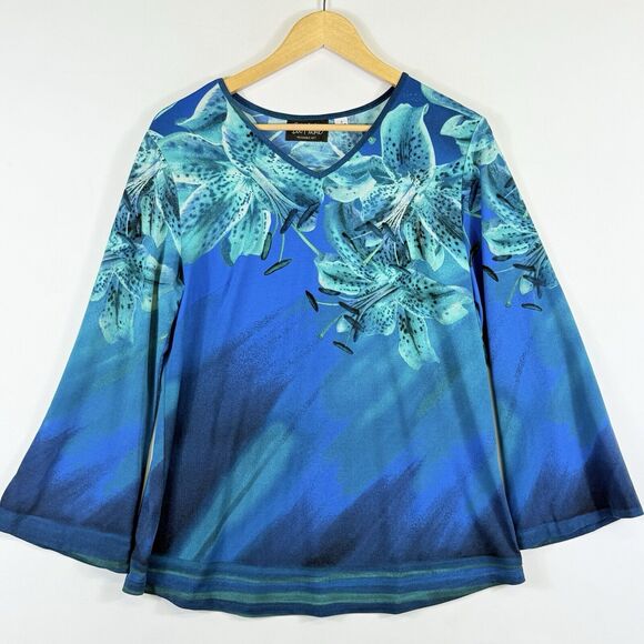 Bob Mackie Wearable‎ Art Blue Floral 3/4 Flare Sleeve Shirt Top Women's Small - Picture 1 of 6